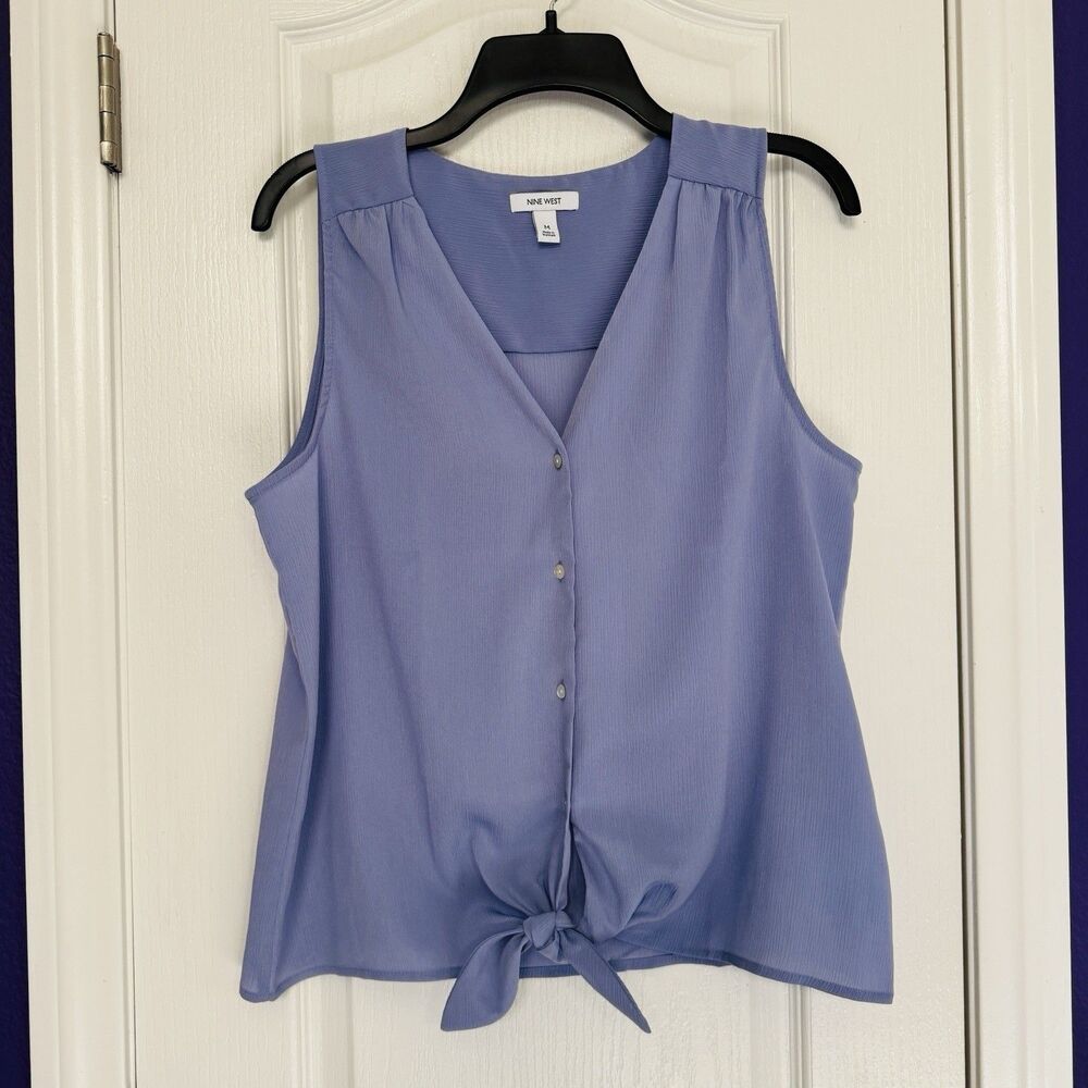 Nine West Tie Front Purple Sleeveless Blouse Top Shirt Size Medium